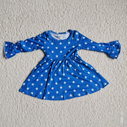 9.23 RTS NO MOQ（In stock）G2-24-6.;\ Baby Girls Winter Dress Five-pointed star azure blue long-sleeved dress