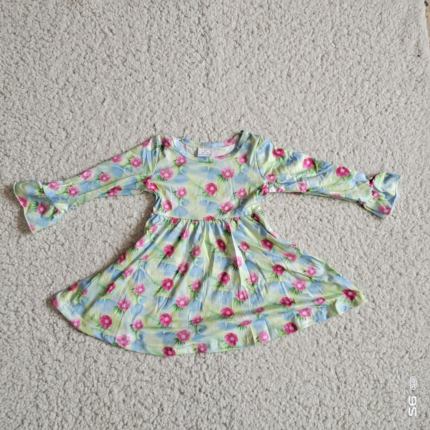 9.26 RTS NO MOQ（In stock）G2-24-6*;*' Baby Girls Winter Dress Light blue floral green long-sleeved dress