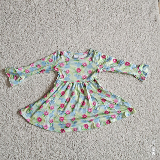 9.26 RTS NO MOQ（In stock）G2-24-6*;*' Baby Girls Winter Dress Light blue floral green long-sleeved dress