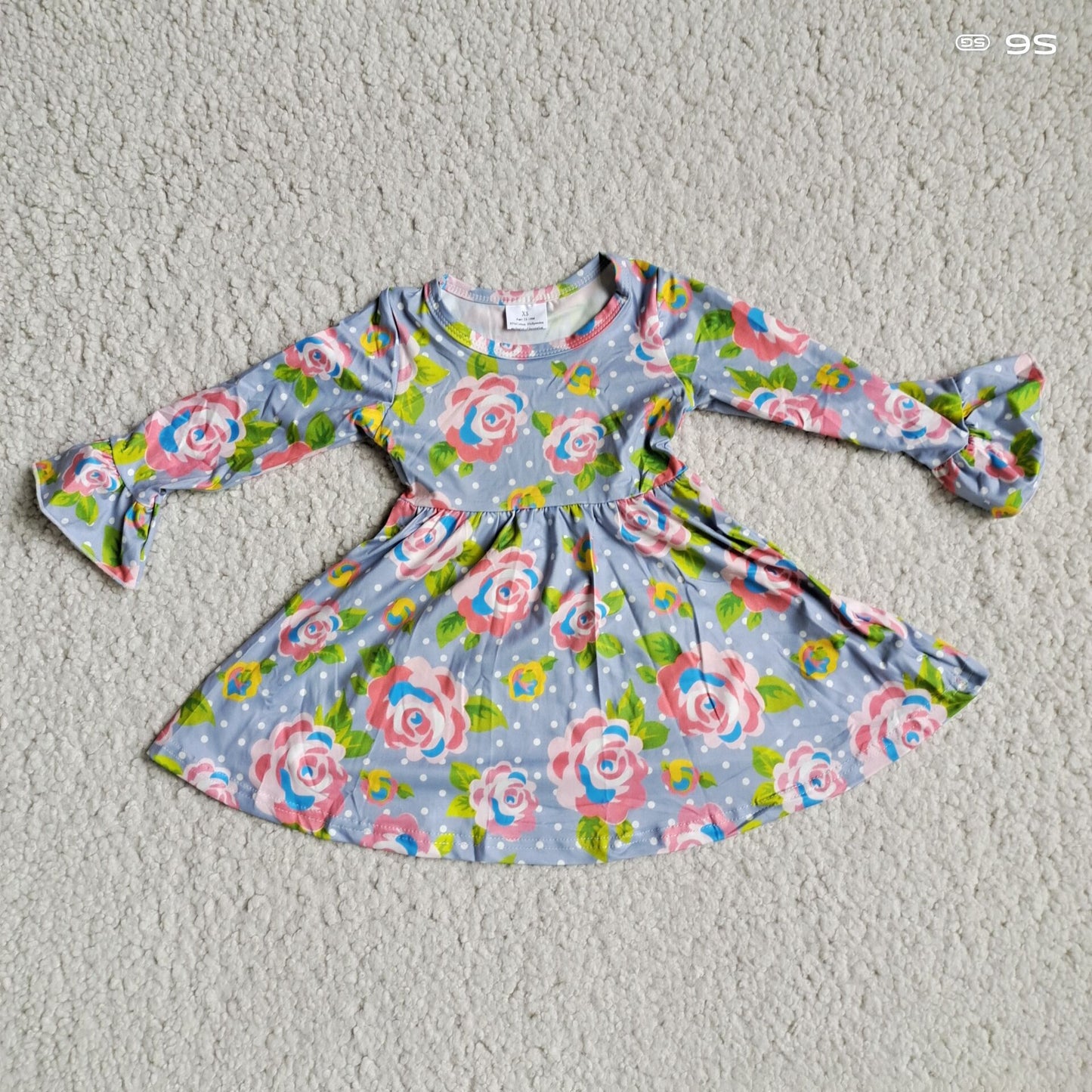 9.24 RTS NO MOQ（In stock）G2-24-6..; Baby Girls Winter Dress Gray long-sleeved dress with pink flowers, green leaves and white dots