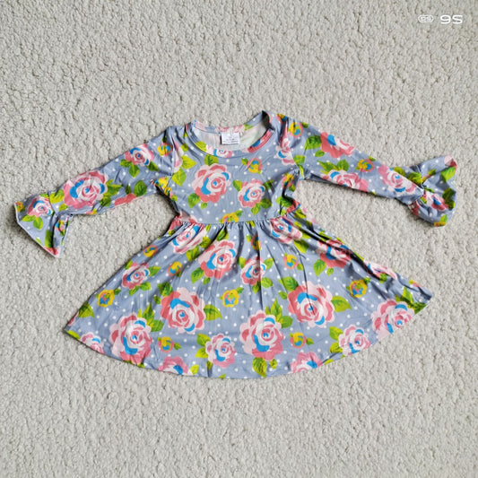 9.24 RTS NO MOQ（In stock）G2-24-6..; Baby Girls Winter Dress Gray long-sleeved dress with pink flowers, green leaves and white dots