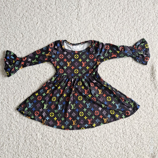 9.26 RTS NO MOQ（In stock）G2-24-8.'* Baby Girls Winter Dress Black long-sleeved dress with colorful patterns and flared sleeves