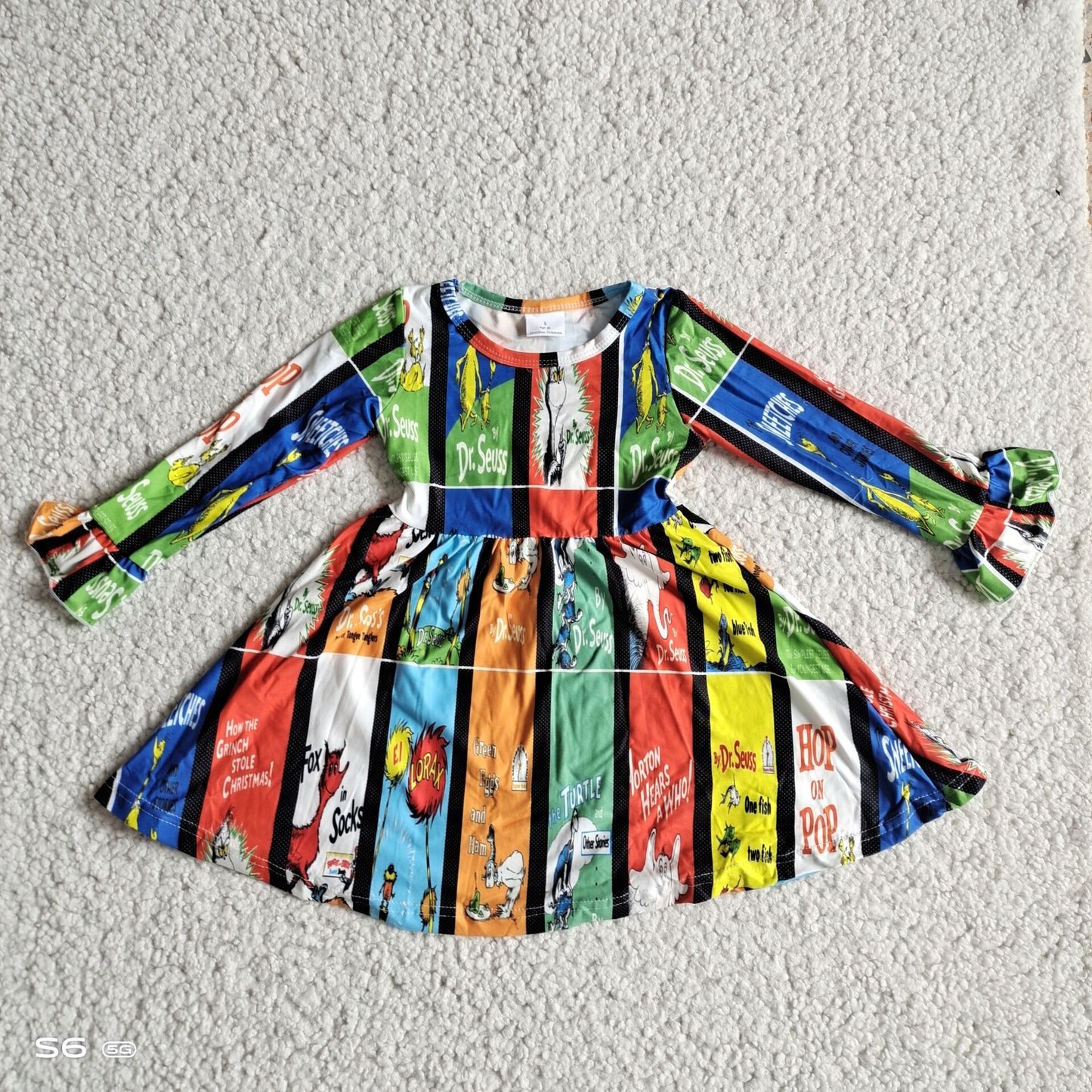 9.24 RTS NO MOQ（In stock）G2-24-9*. Baby Girls Winter Dress Green Monster Color Striped Flared Long Sleeve Dress
