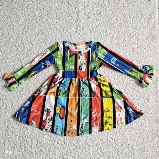 9.24 RTS NO MOQ（In stock）G2-24-9*. Baby Girls Winter Dress Green Monster Color Striped Flared Long Sleeve Dress