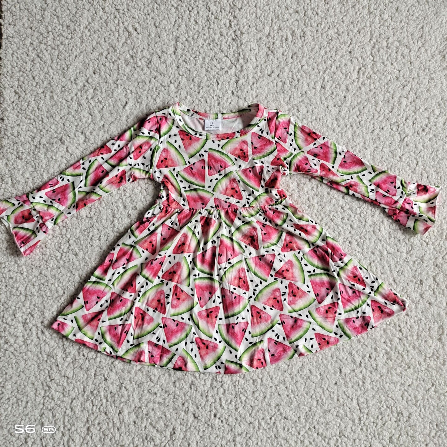10.10 RTS NO MOQ（In stock）G2-24-9*.;' Baby Girls Winter Dress Watermelon and Watermelon Seed Long Sleeve Dress