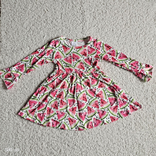 10.10 RTS NO MOQ（In stock）G2-24-9*.;' Baby Girls Winter Dress Watermelon and Watermelon Seed Long Sleeve Dress
