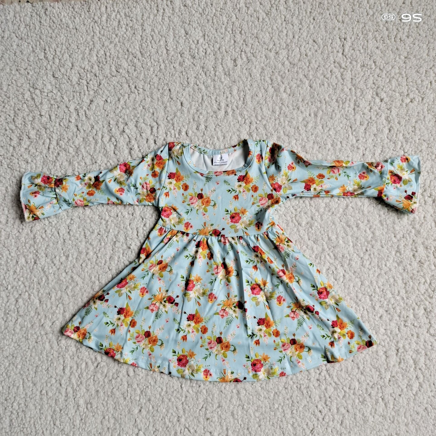 9.29 RTS NO MOQ（In stock）G2-20-4*;\ Baby Girls Winter Dress Light blue long-sleeved dress with orange flowers and leaves