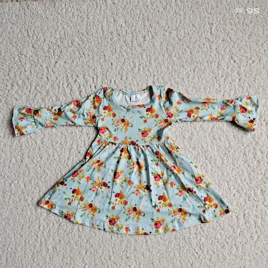 9.29 RTS NO MOQ（In stock）G2-20-4*;\ Baby Girls Winter Dress Light blue long-sleeved dress with orange flowers and leaves