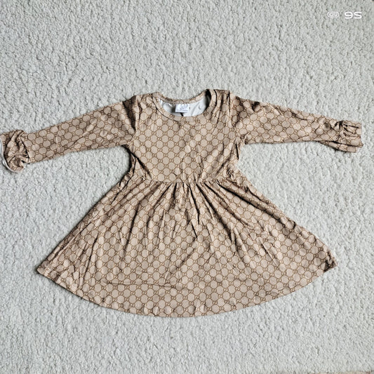 9.29 RTS NO MOQ（In stock）G2-20-8,;; Baby Girls Winter Dress Brown Spotted Plaid Khaki Long Sleeve Dress