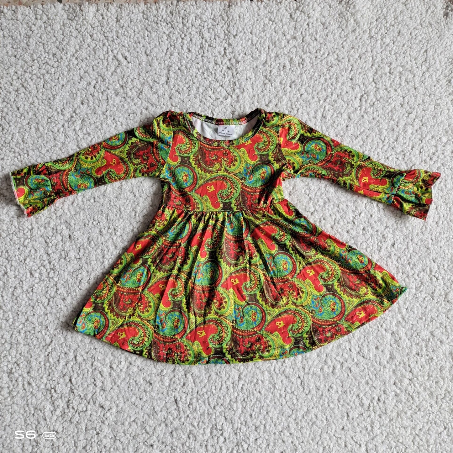 9.29 RTS NO MOQ（In stock）G2-20-8*/; Baby Girls Winter Dress Red and green mixed color fan-shaped long sleeve dress