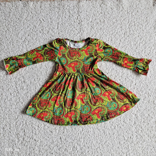 9.29 RTS NO MOQ（In stock）G2-20-8*/; Baby Girls Winter Dress Red and green mixed color fan-shaped long sleeve dress