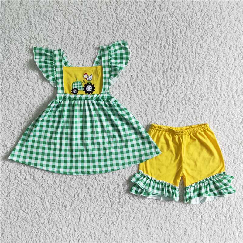 GSSO0056Chicken tractor embroidery girls farm clothing set