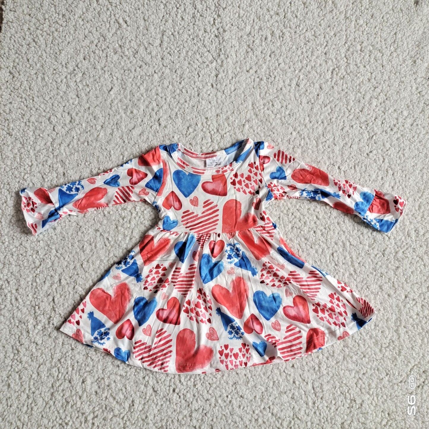 9.29 RTS NO MOQ（In stock）G2-24-3;' Baby Girls Winter Dress Red and blue heart striped long-sleeved dress