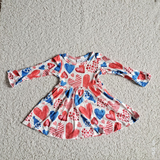 9.29 RTS NO MOQ（In stock）G2-24-3;' Baby Girls Winter Dress Red and blue heart striped long-sleeved dress