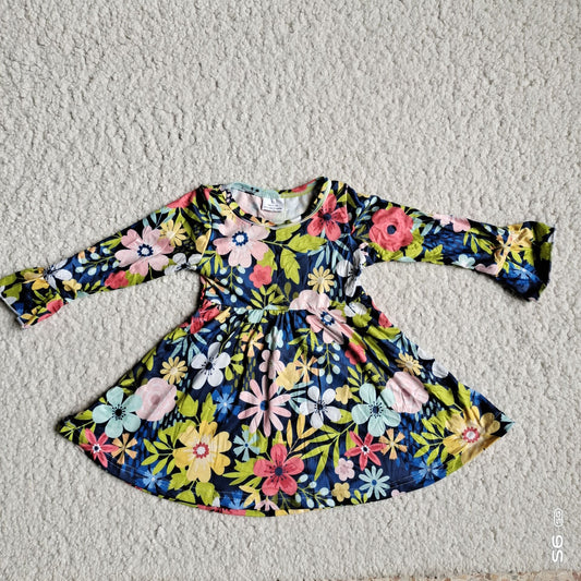 10.10 RTS NO MOQ（In stock）G2-24-3*'. Baby Girls Winter Dress Dark blue long-sleeved dress with flowers green grass and leaves