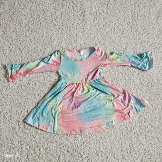 9.26 RTS NO MOQ（In stock）G2-20-6*;'. Baby Girls Winter Dress Pink and green mixed long-sleeved dress