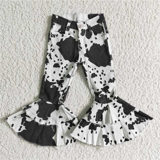P0001  Baby girls cow print denim double ruffle bell pants