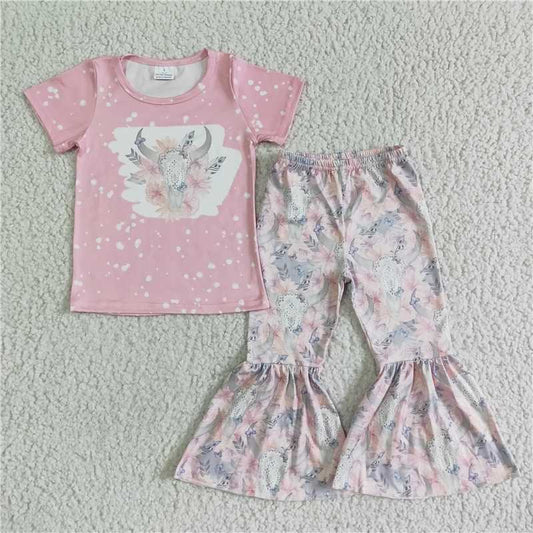 GSPO0072 Girls' pink bull head flower short-sleeved trousers suit