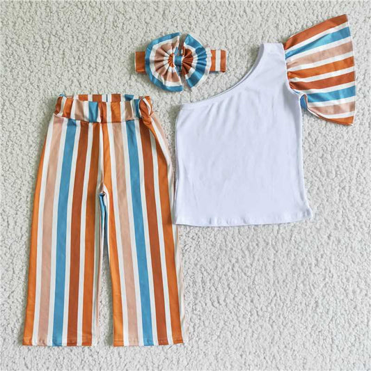 GSPO0076 Girls' colorful striped one-sleeve trouser suit