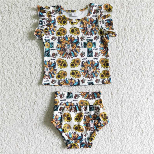 GBO0047  Baby girls western sunflower cow skull bummie sets