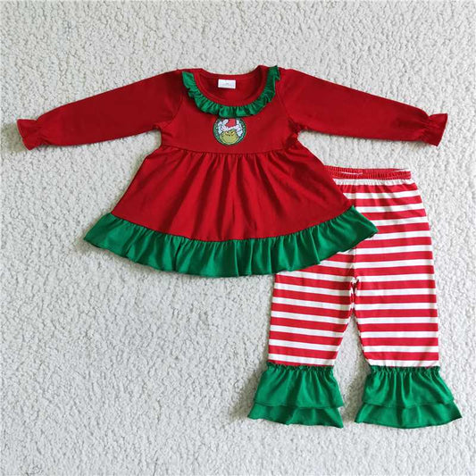 GLP0032 Girls embroidered grinch red long-sleeved striped trouser suit