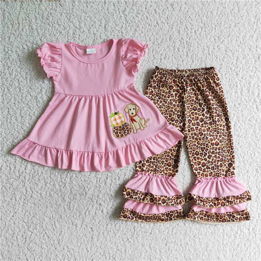 GSPO0135Pumpkin dog pink tunic leopard ruffle pants girls fall clothes