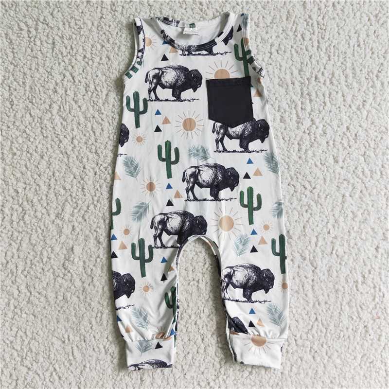 SR0071 Baby boys cow western cactus rompers