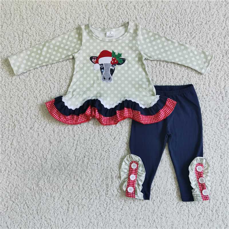 GLP0036 Girls' embroidered Christmas bull head green polka dot long-sleeved trousers suit