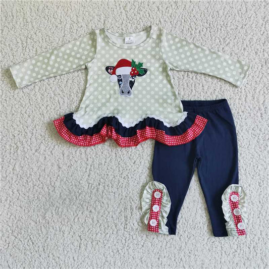 GLP0036 Girls' embroidered Christmas bull head green polka dot long-sleeved trousers suit