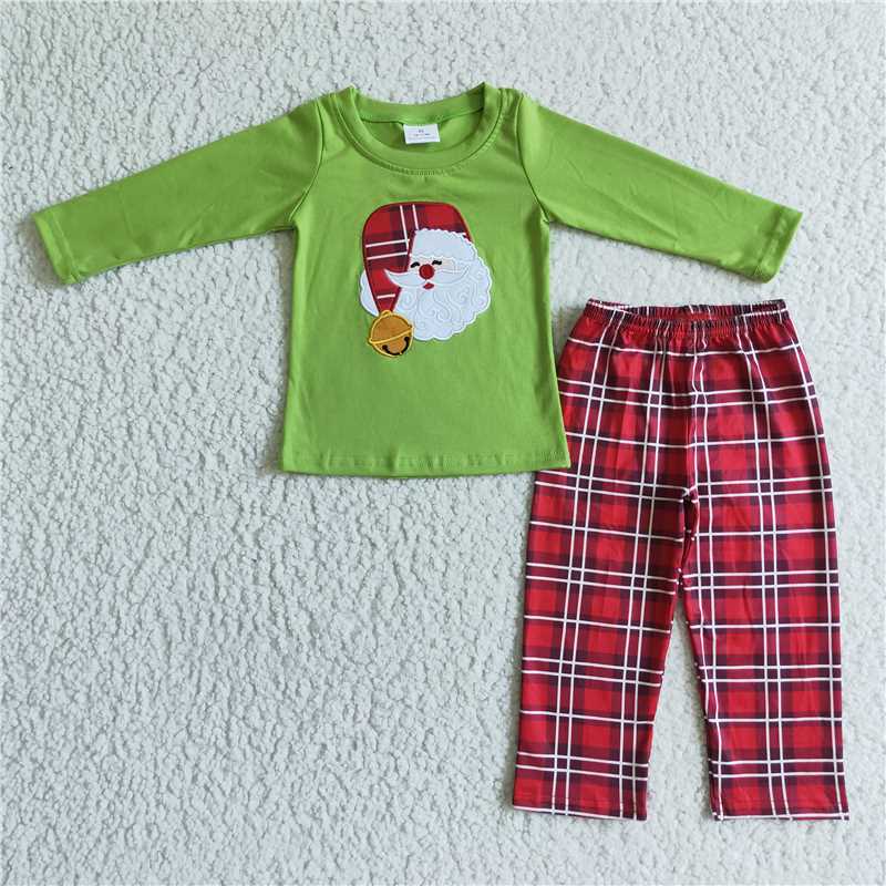 BLP0034Santa embroidery shirt plaid pants boy Christmas outfits