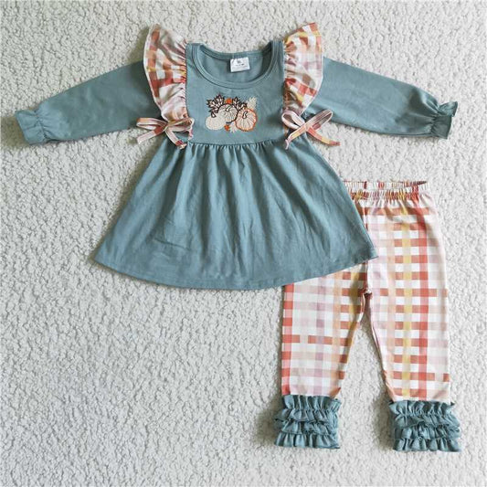 GLP0156Pumpkin embroidery tunic plaid leggings girls fall clothes