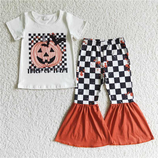 GSPO0168 Girls Halloween Pumpkin Plaid Short Sleeve Pants Set