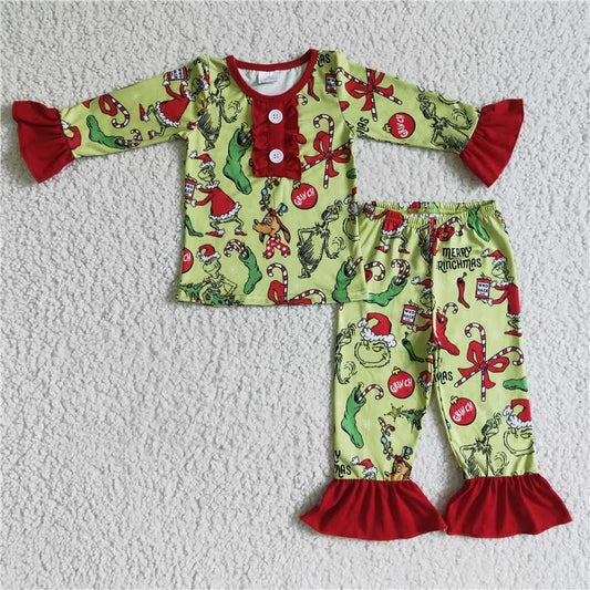 GLP0204 Girls Christmas grinch long-sleeved trousers suit
