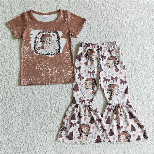 11.14 RTS NO MOQ （In stock）GSPO0181 baby girls Christmas santa brown bell pants sets
