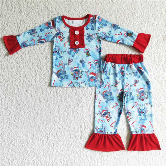 GLP0157 Girls Christmas Stitch blue long-sleeved trousers suit
