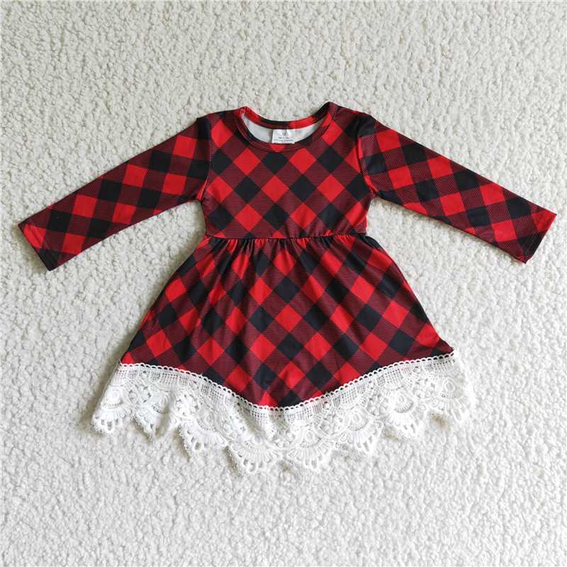 GLD0024  Baby girls Christmas black red plaid lace dresses