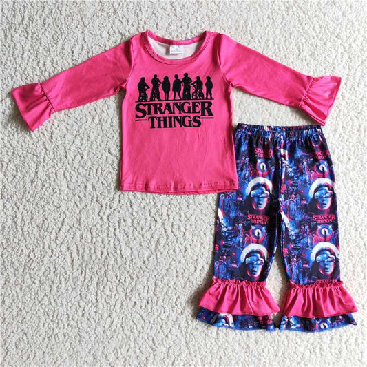 GLP0176Hot pink shirt stranger ruffle pants girls clothes