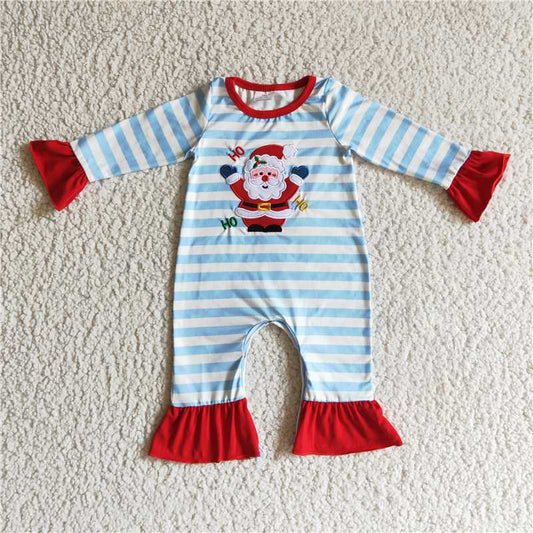 10.31 RTS NO MOQ （In stock）Matching Christmas LR0120 Baby girls Christmas santa blue stripes rompers
