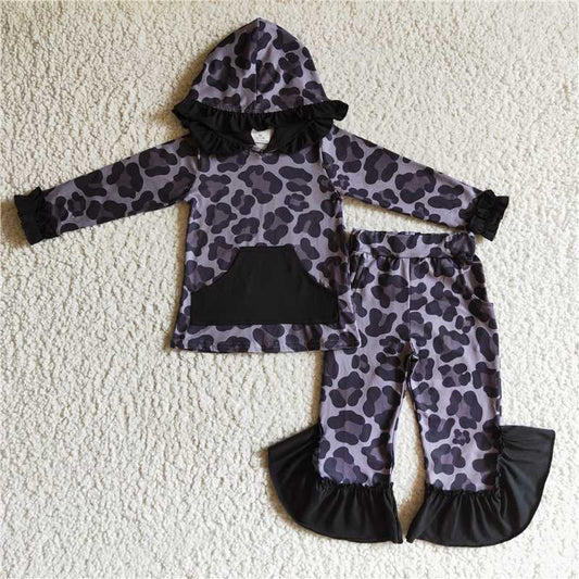 GLP0255 Girls' black leopard print pocket hooded long-sleeved trousers set