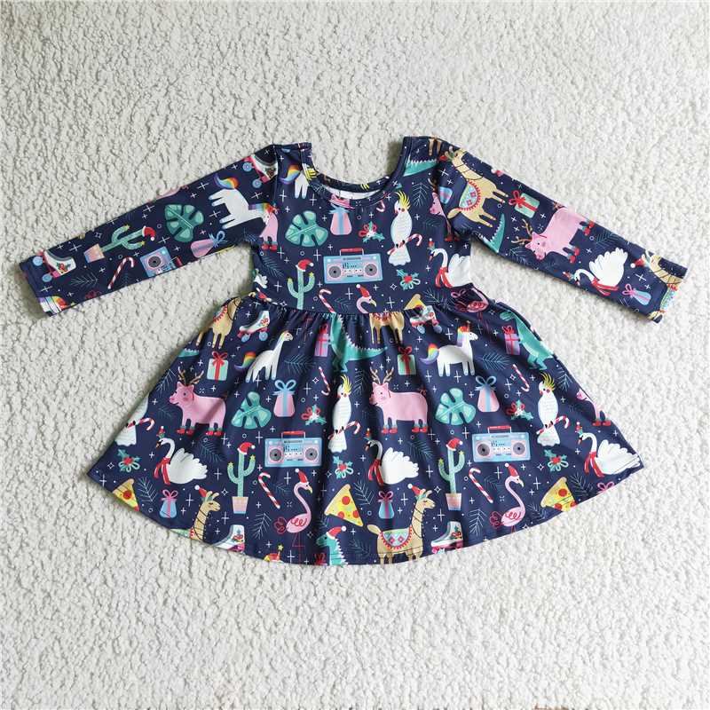 11.26 RTS NO MOQ （In stock）GLD0135 Baby Girls Christmas Unicorn Flamingo Knee Length Dresses