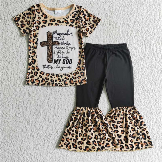 GSPO0218 Girls' MY GOD leopard print short-sleeved trousers suit