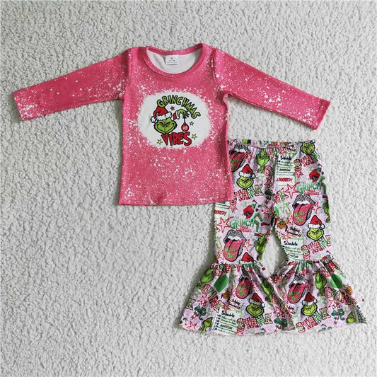 GLP0283 Girls GRINCHMAS pink long-sleeved trousers set