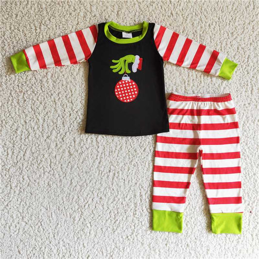 BLP0108Jingle bell emboridery stripe green face kids Christmas pjs