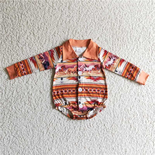 RTS LR0181 Horse Geometric Brown Long Sleeve Button Shirt Bodysuit