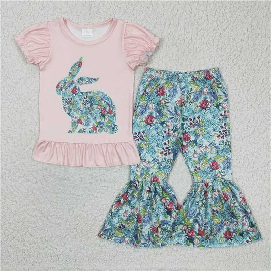 GSPO0341 Girls' flower bunny pink short-sleeved trousers suit
