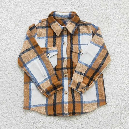 BT0189 Baby kids mustard color plaid pocket shirts