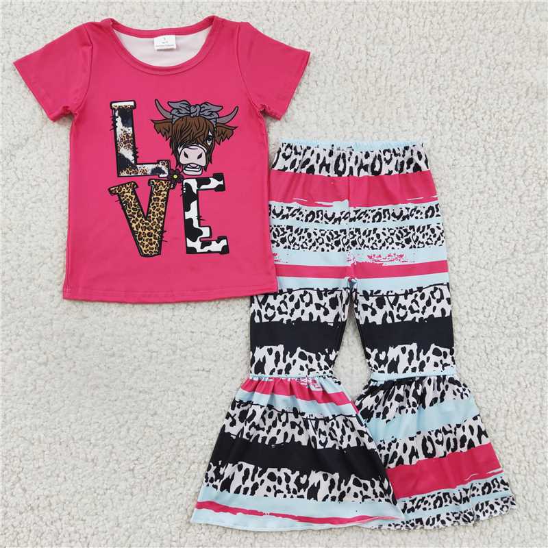 GSPO0371 Girls LOVE Alpine Cow Rose Red Short Sleeve Long Pants Set