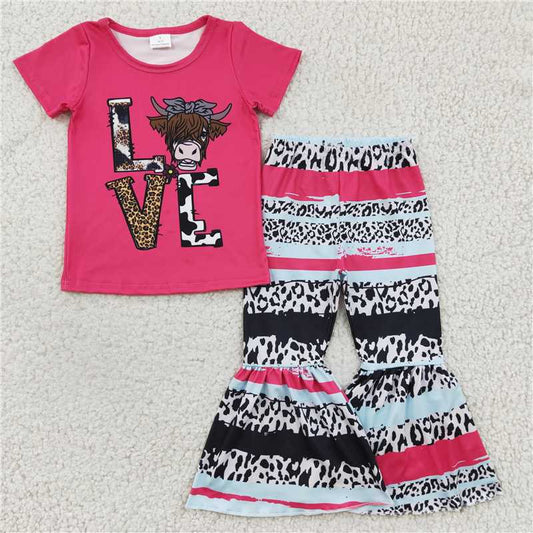 GSPO0371 Girls LOVE Alpine Cow Rose Red Short Sleeve Long Pants Set