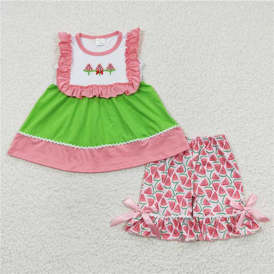 GSSO0179Watermelon tunic ruffle shorts girls summer clothing