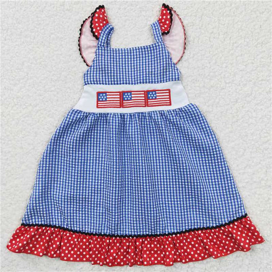 GSD0191 Embroidery Baby Girls July 4th Flag kKnee Length Dresses